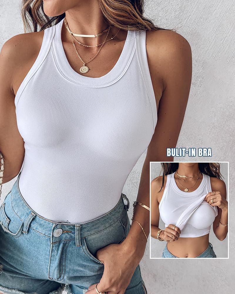 Ribbed Tank Top with Built-in Bra and Pads