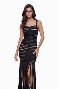 Whitney Black Cut-Out Maxi Dress with Fringe