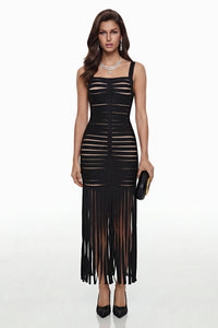 Whitney Black Cut-Out Maxi Dress with Fringe
