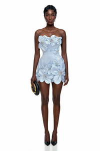 Widaad Blue Off Shoulder Mini Dress with 3D Petals