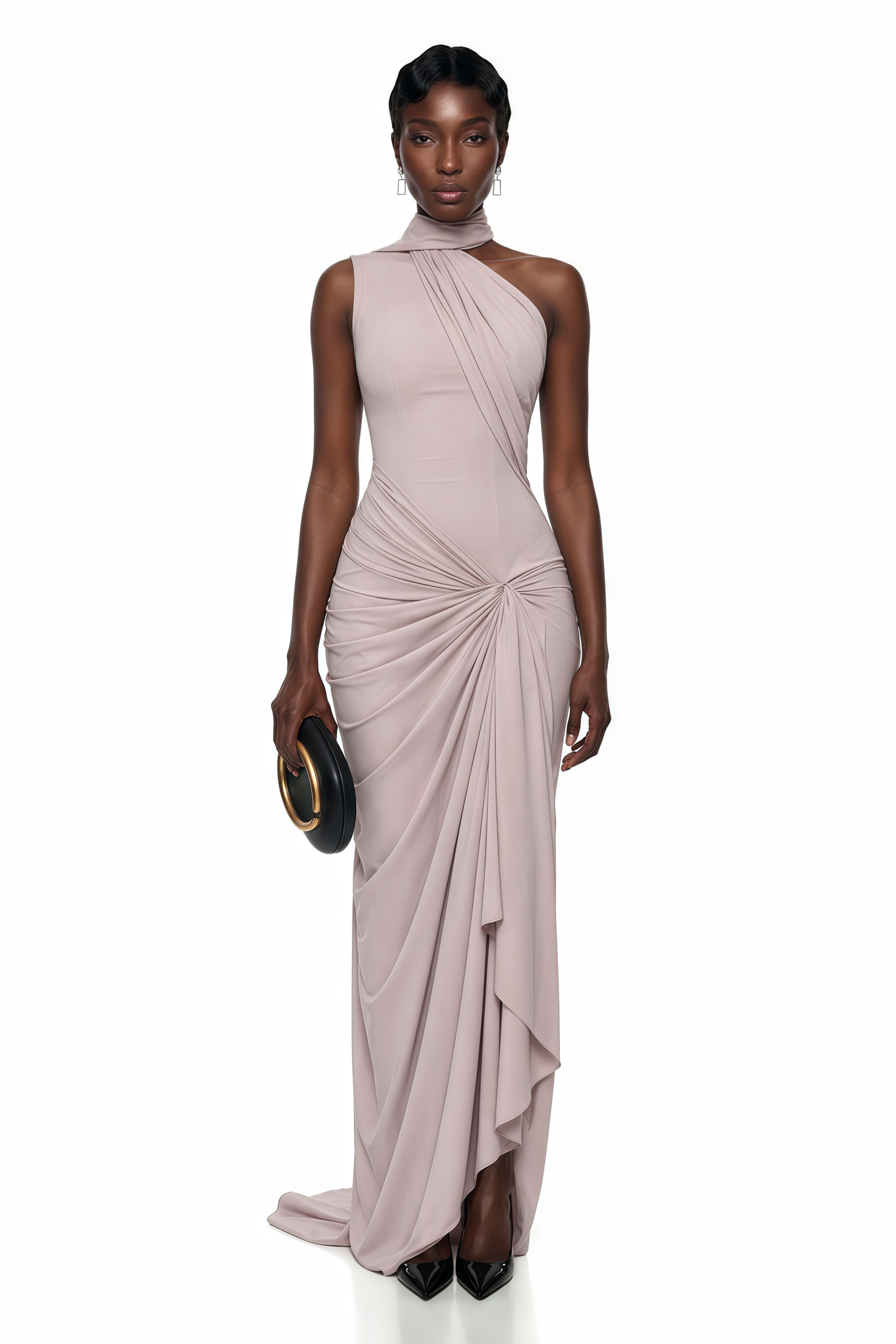 Wilhelmina Dusty Pink Asymmetrical Ruched Maxi Dress