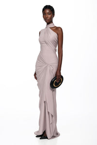 Wilhelmina Dusty Pink Asymmetrical Ruched Maxi Dress