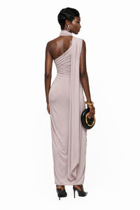 Wilhelmina Dusty Pink Asymmetrical Ruched Maxi Dress