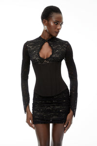 Willow Black Lace Mini Dress with Cut-Outs