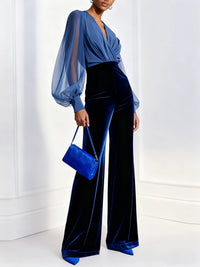 Zaira - Long Velvet Jumpsuit with V-Neck and Long Blue Mesh Sleeves