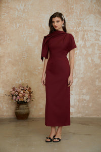 Wren Burgundy Asymmetrical Cape Maxi Dress