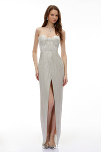 Xrystyna Silver Metallic Ruched Maxi Dress