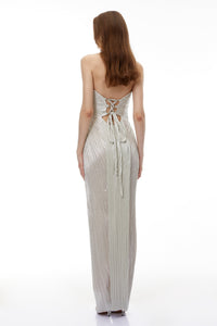 Xrystyna Silver Metallic Ruched Maxi Dress