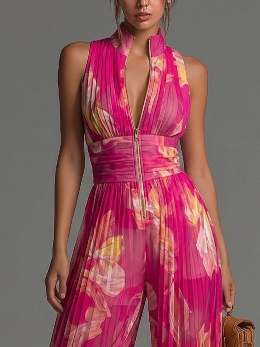 Sófia Jumpsuit - Fuchsia Floral Pleated Chiffon