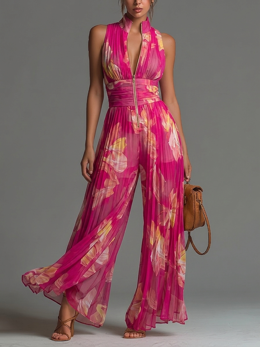 Sófia Jumpsuit - Fuchsia Floral Pleated Chiffon