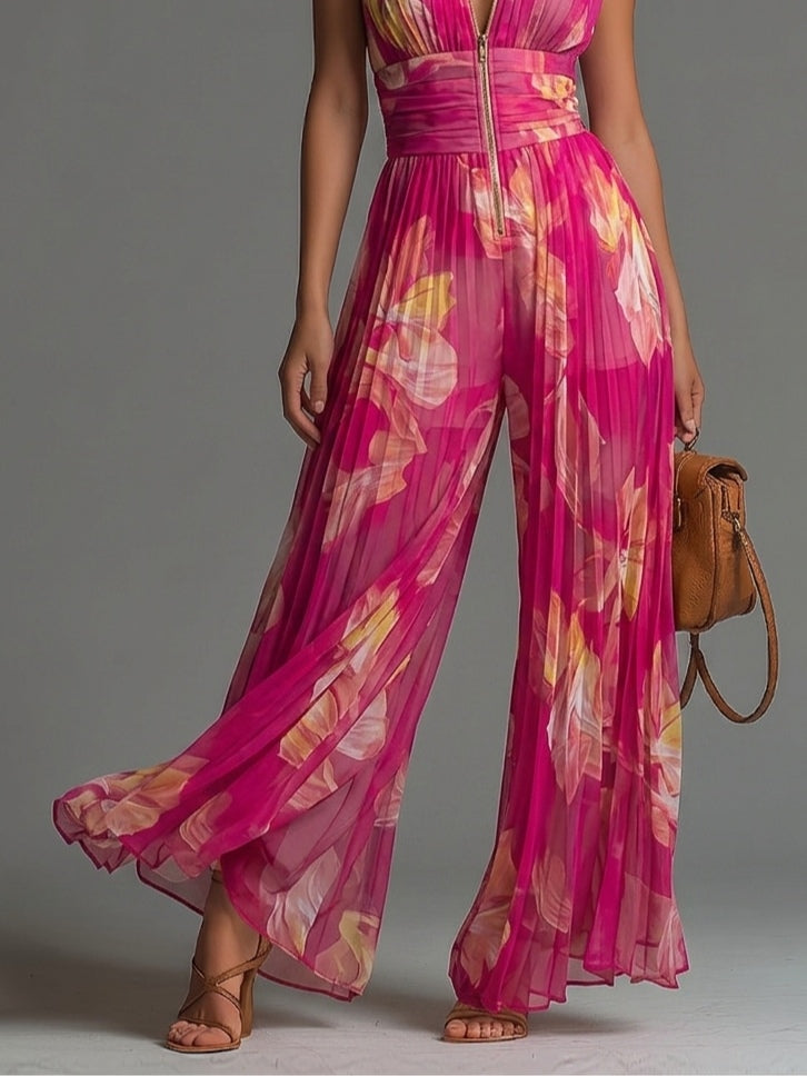 Sófia Jumpsuit - Fuchsia Floral Pleated Chiffon
