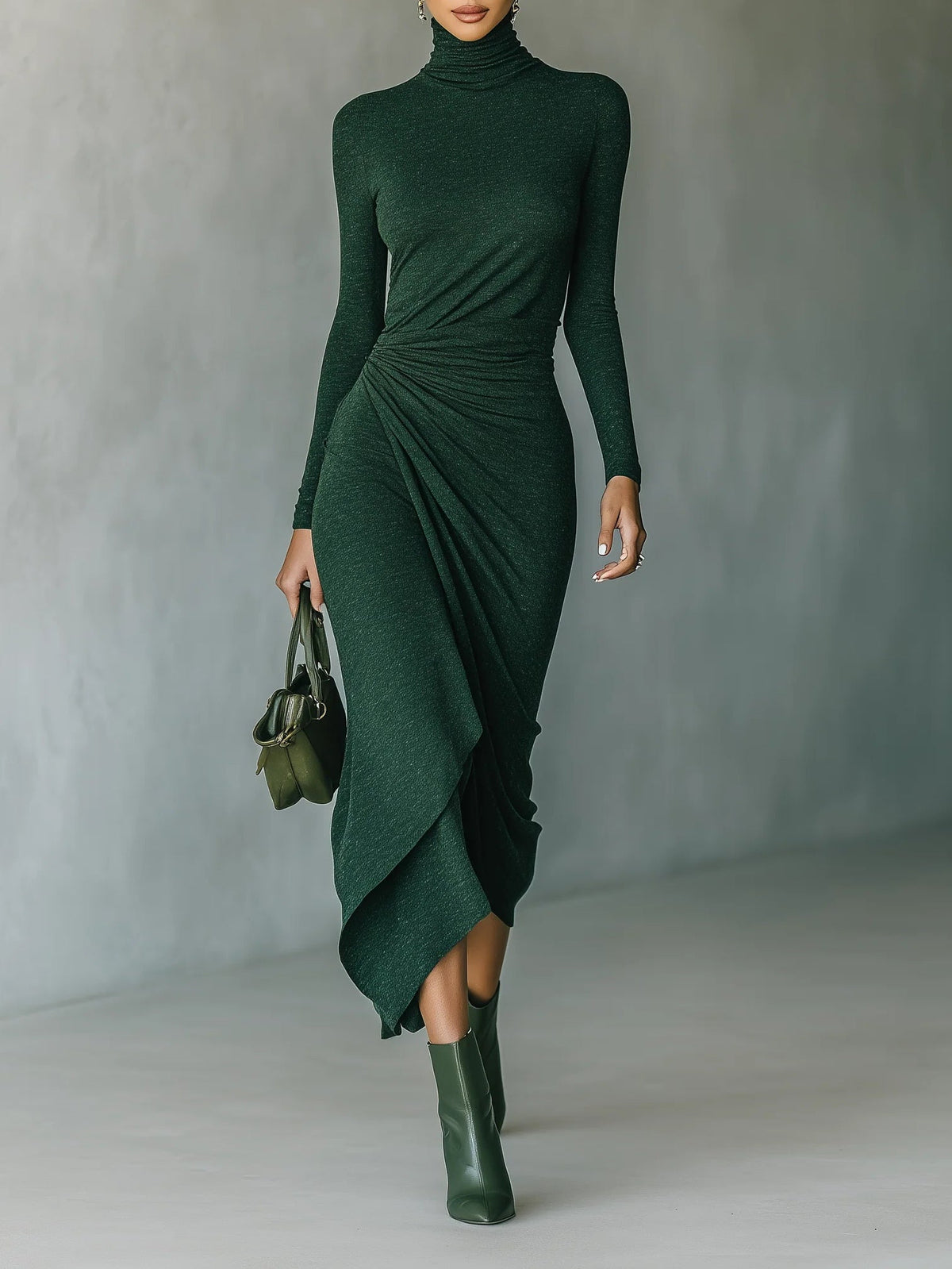 Lenora™ Asymmetrical High Neck Midi Dress