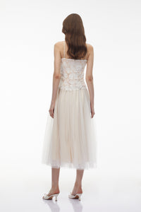 Yael White Lace Panel Tulle Midi Dress