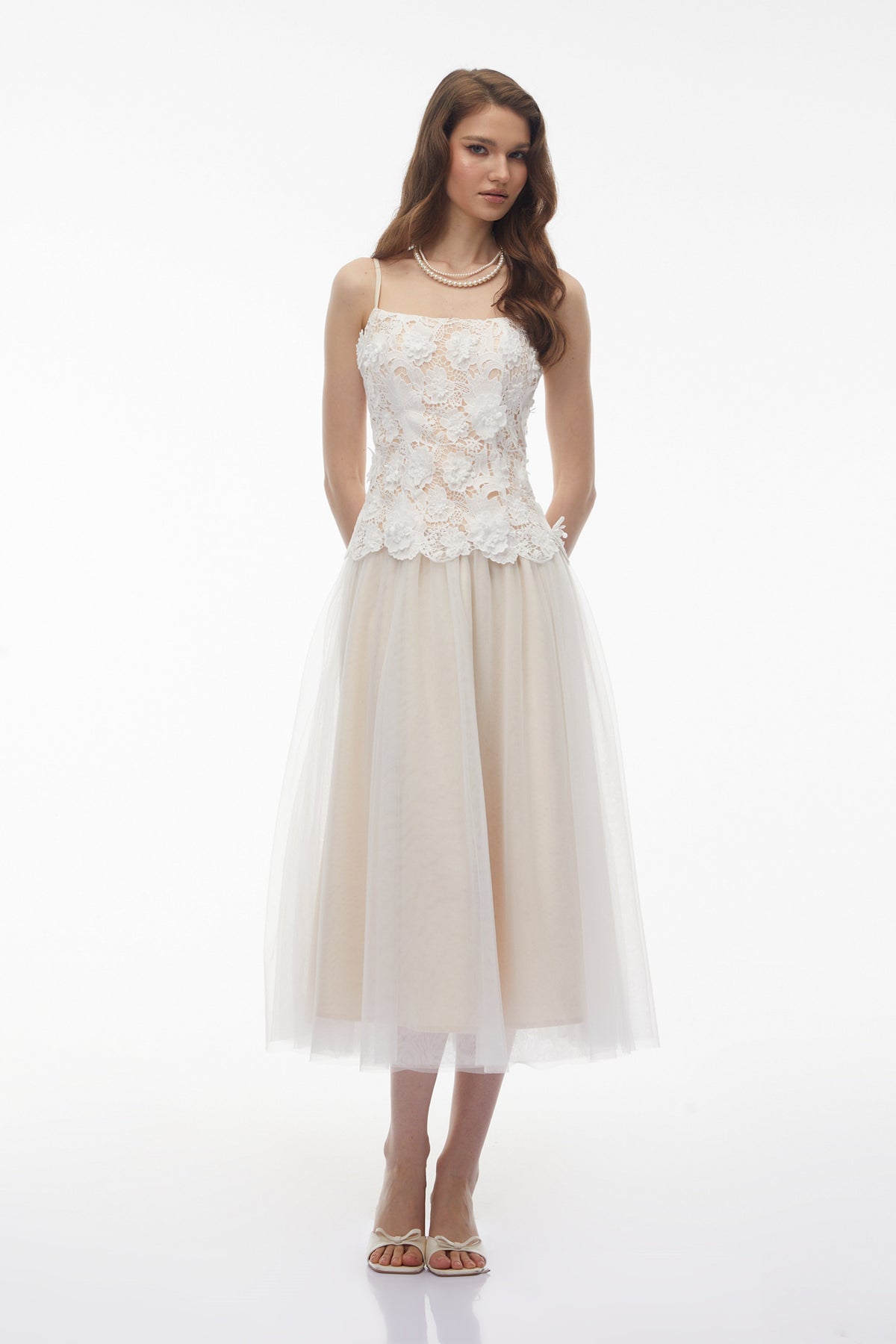 Yael White Lace Panel Tulle Midi Dress