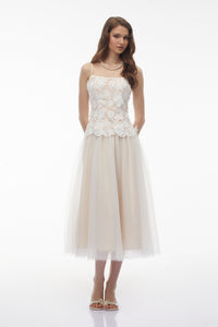 Yael White Lace Panel Tulle Midi Dress