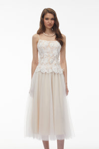 Yael White Lace Panel Tulle Midi Dress