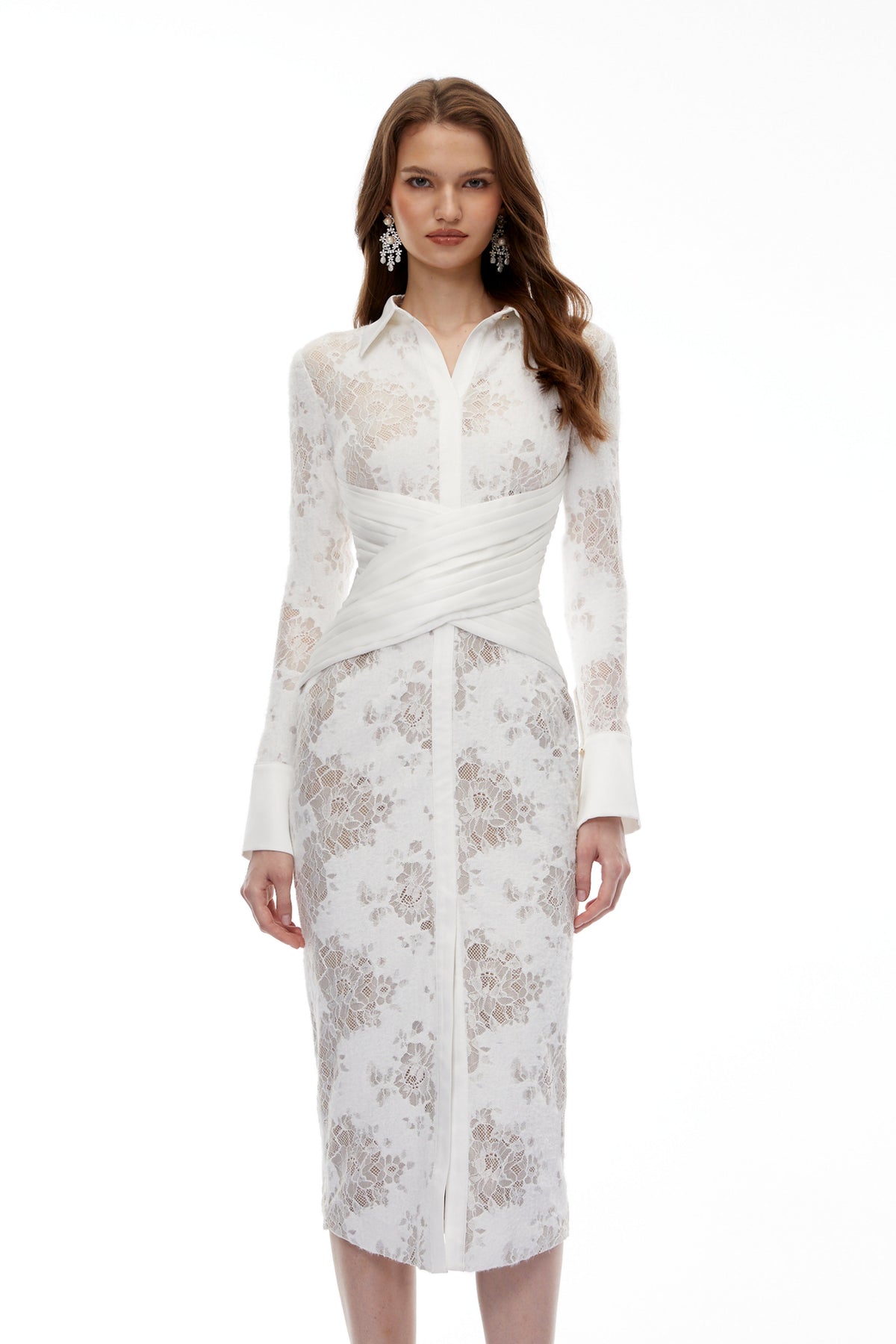 Yarden White Floral Lace Wrap Midi Dress