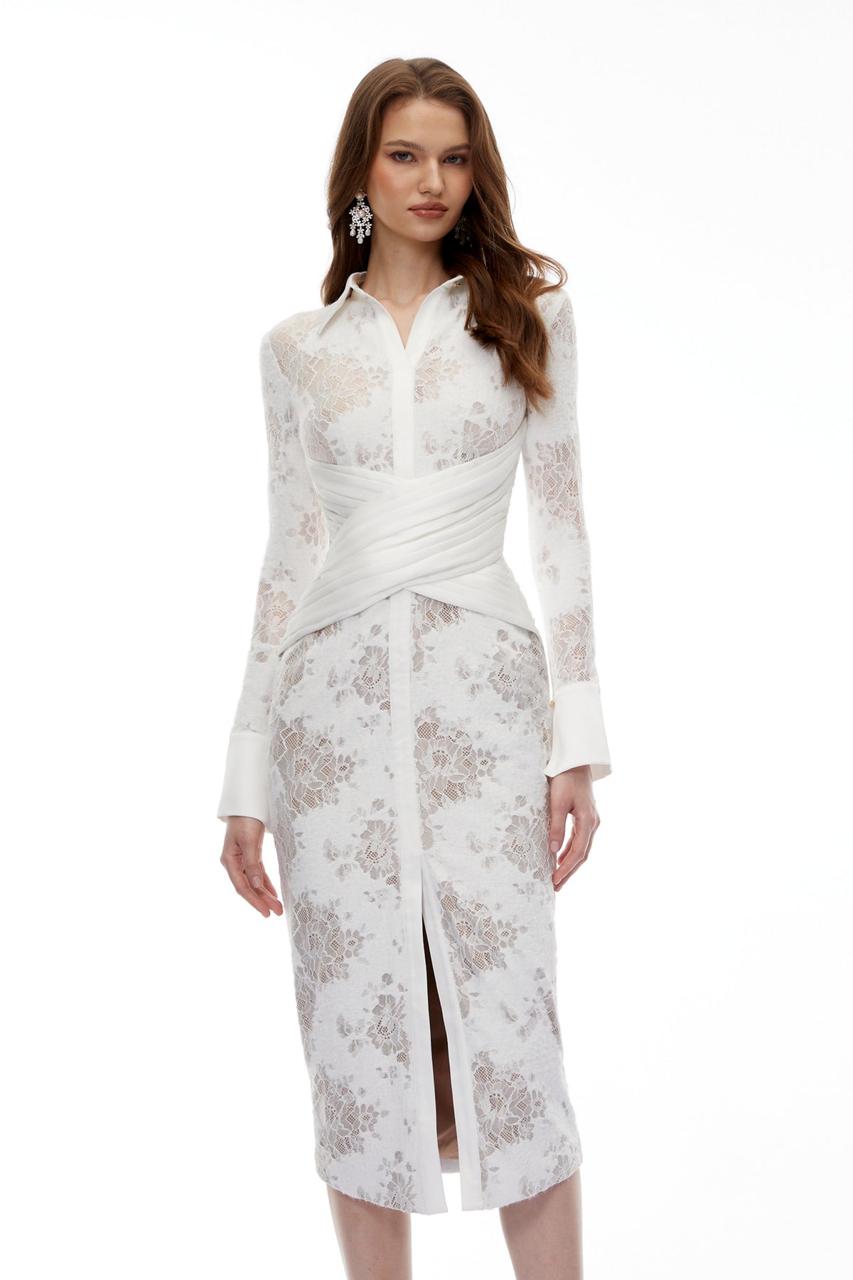Yarden White Floral Lace Wrap Midi Dress