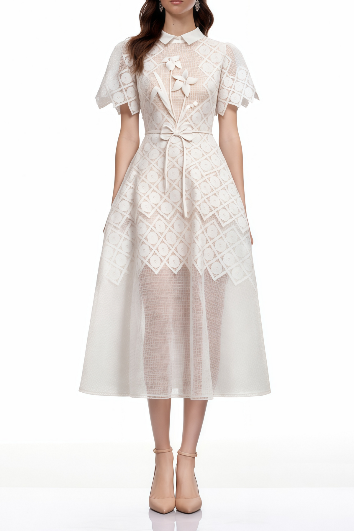 Yasmine White Floral-embroidered Midi Dress