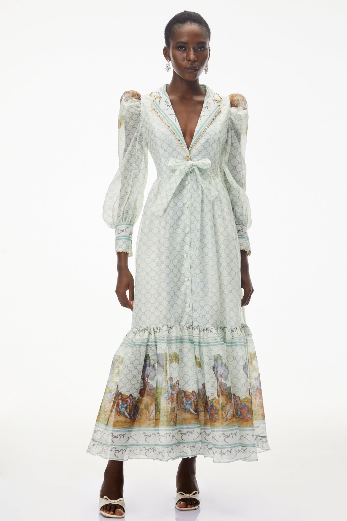 Yemaya Sage Green Plunge Neck Floral Maxi Dress