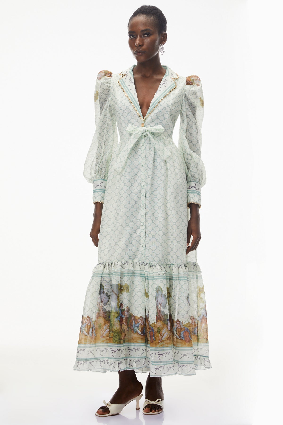 Yemaya Sage Green Plunge Neck Floral Maxi Dress