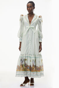 Yemaya Sage Green Plunge Neck Floral Maxi Dress