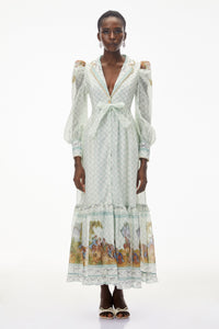 Yemaya Sage Green Plunge Neck Floral Maxi Dress