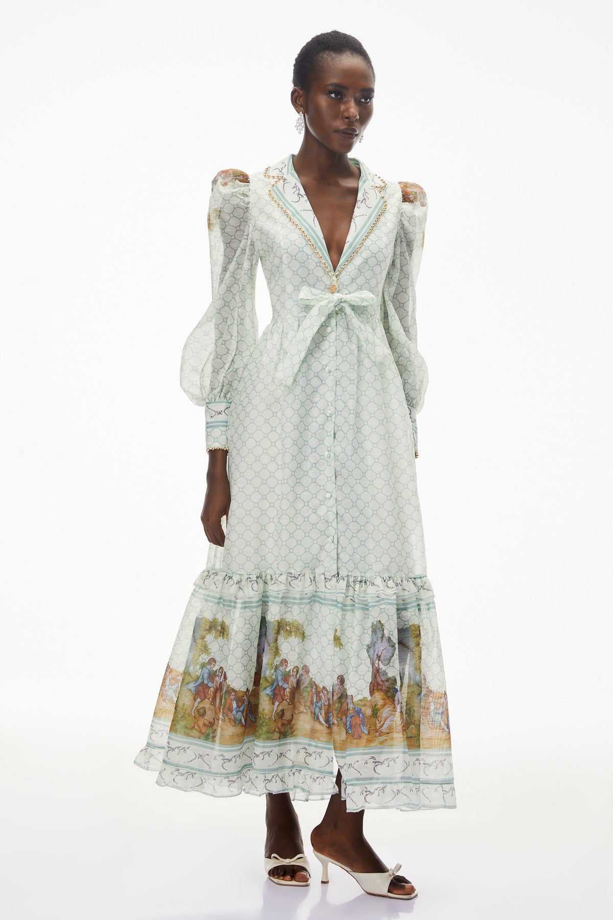 Yemaya Sage Green Plunge Neck Floral Maxi Dress