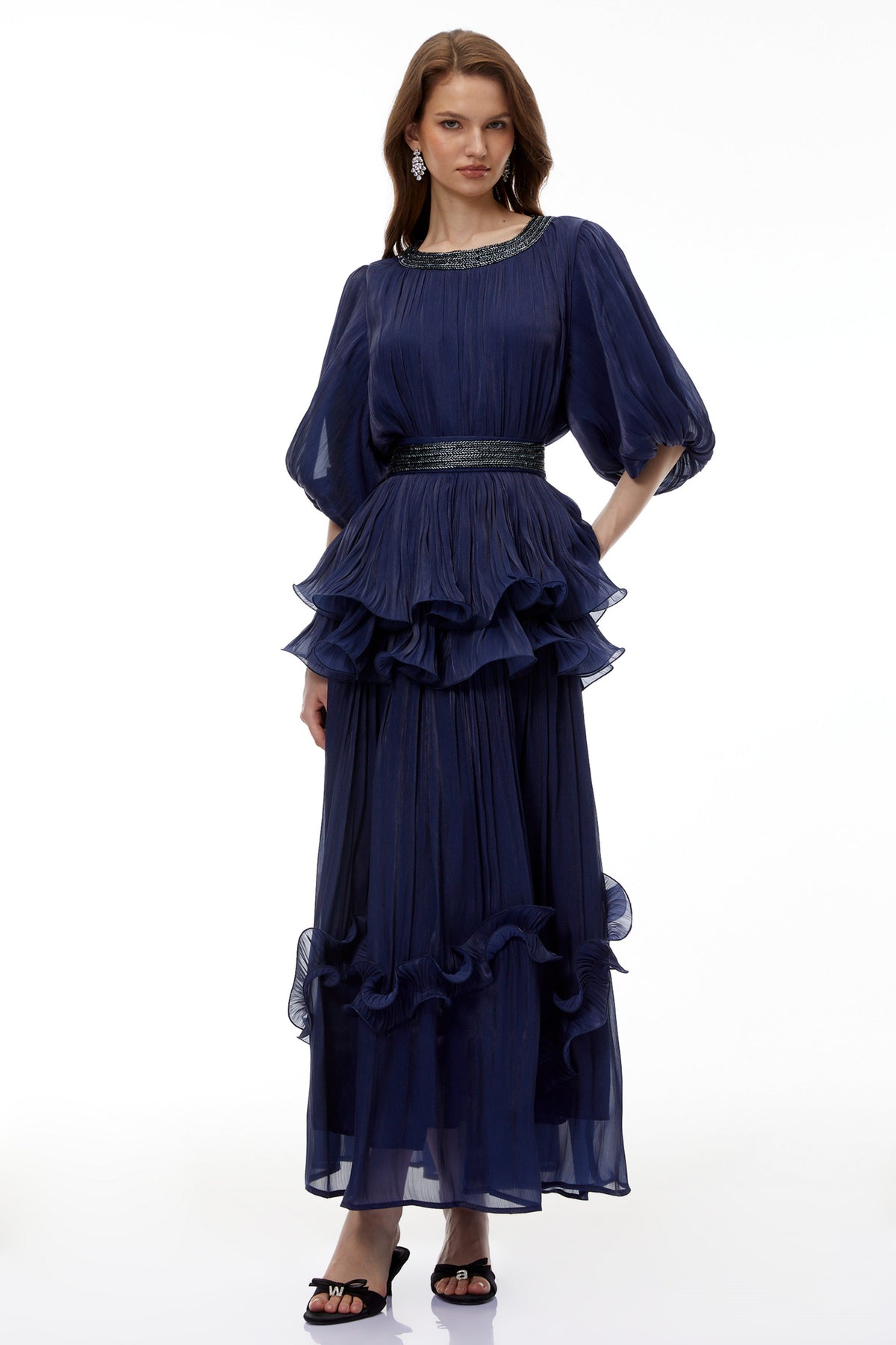 Yustyna Blue Embellished Pleated Maxi Dress