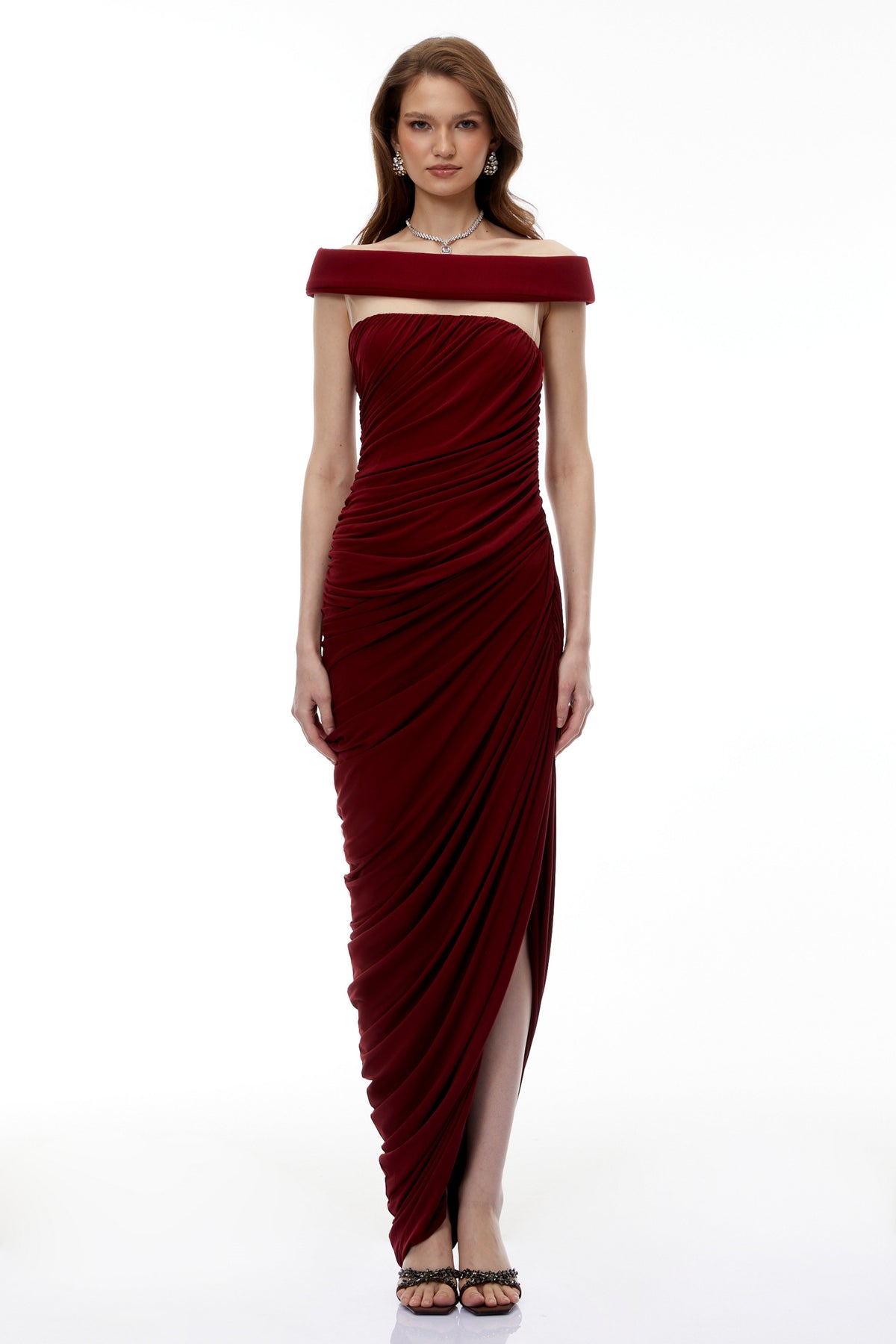 Zakiya Red Off Shoulder Ruched Maxi Dress