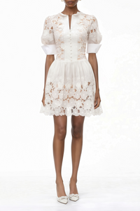 Zaria White Floral Appliqué Mini Dress with Cut-Outs