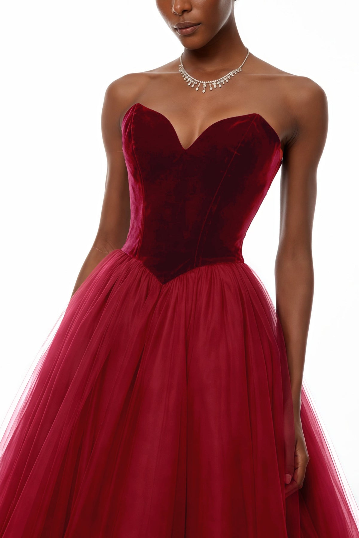 Zelna Red Ball Maxi Gown with Mesh Panels
