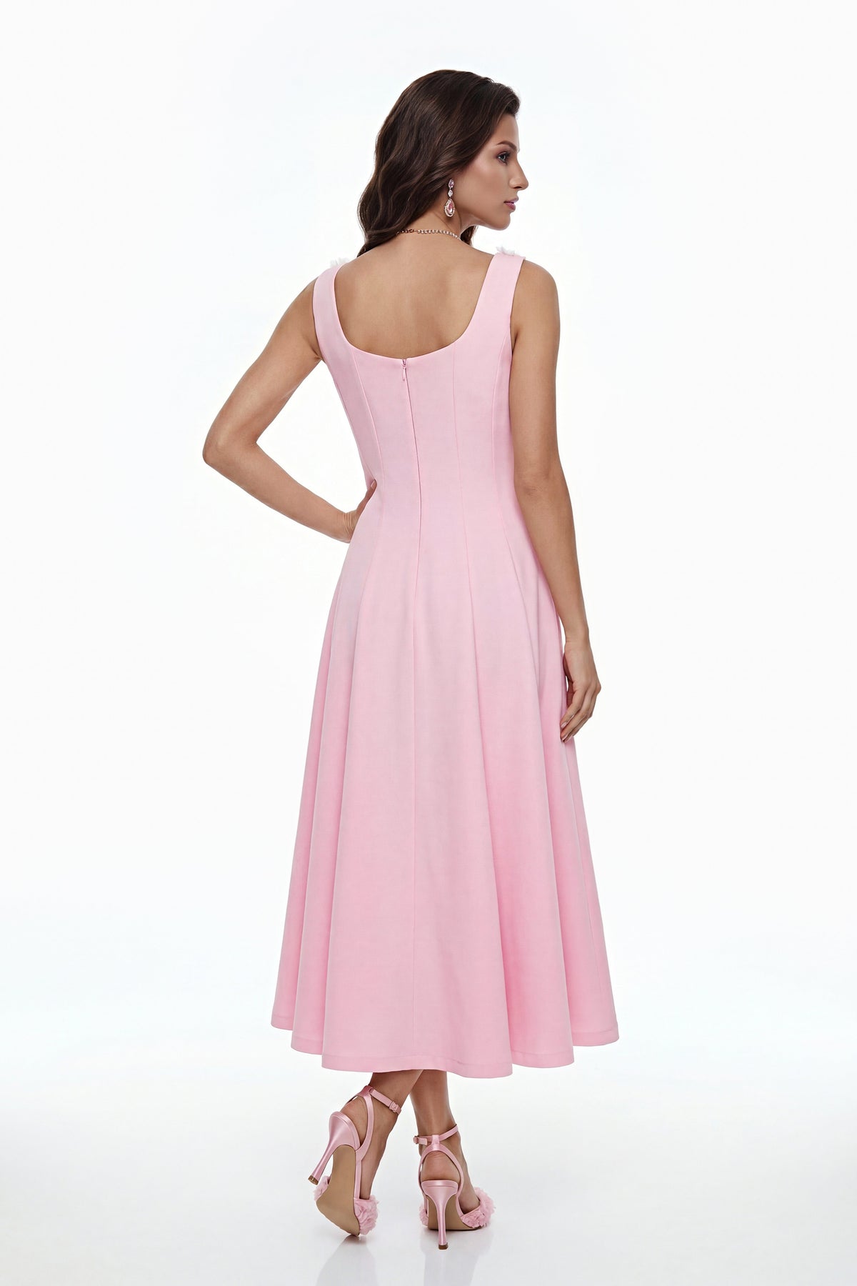 Zinnia Pink Pleated Midi Dress with 3D Petals