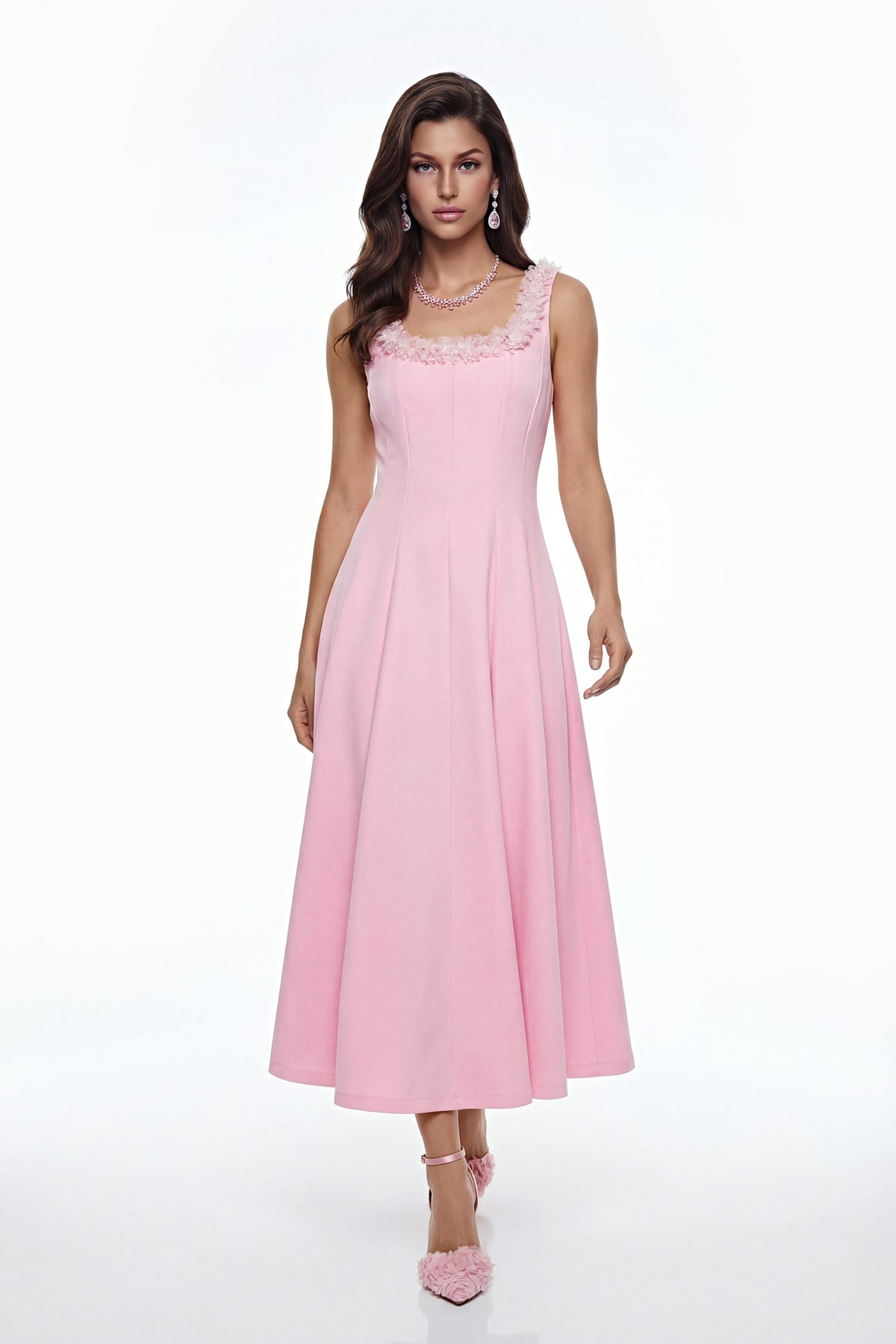Zinnia Pink Pleated Midi Dress with 3D Petals