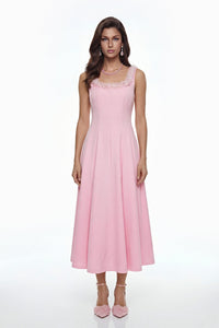Zinnia Pink Pleated Midi Dress with 3D Petals