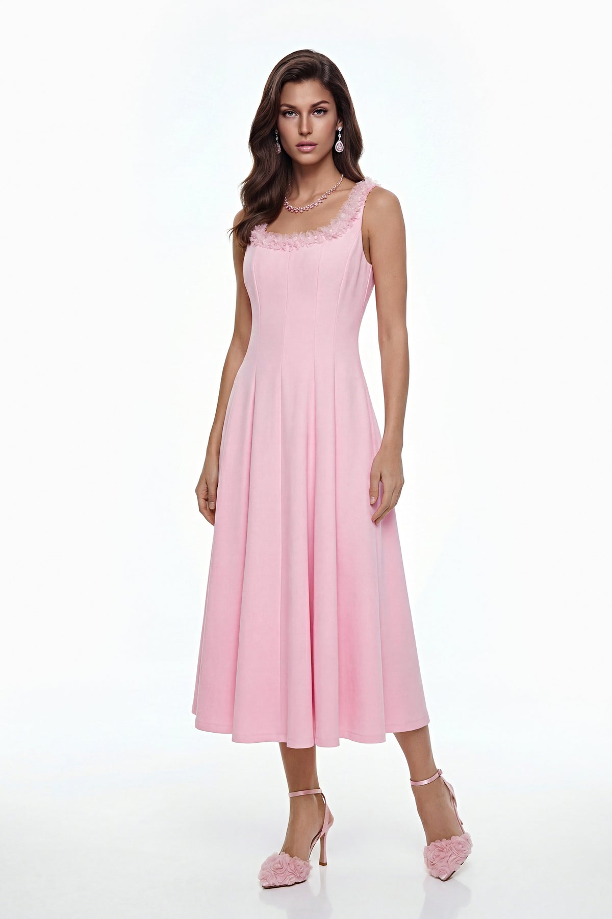 Zinnia Pink Pleated Midi Dress with 3D Petals