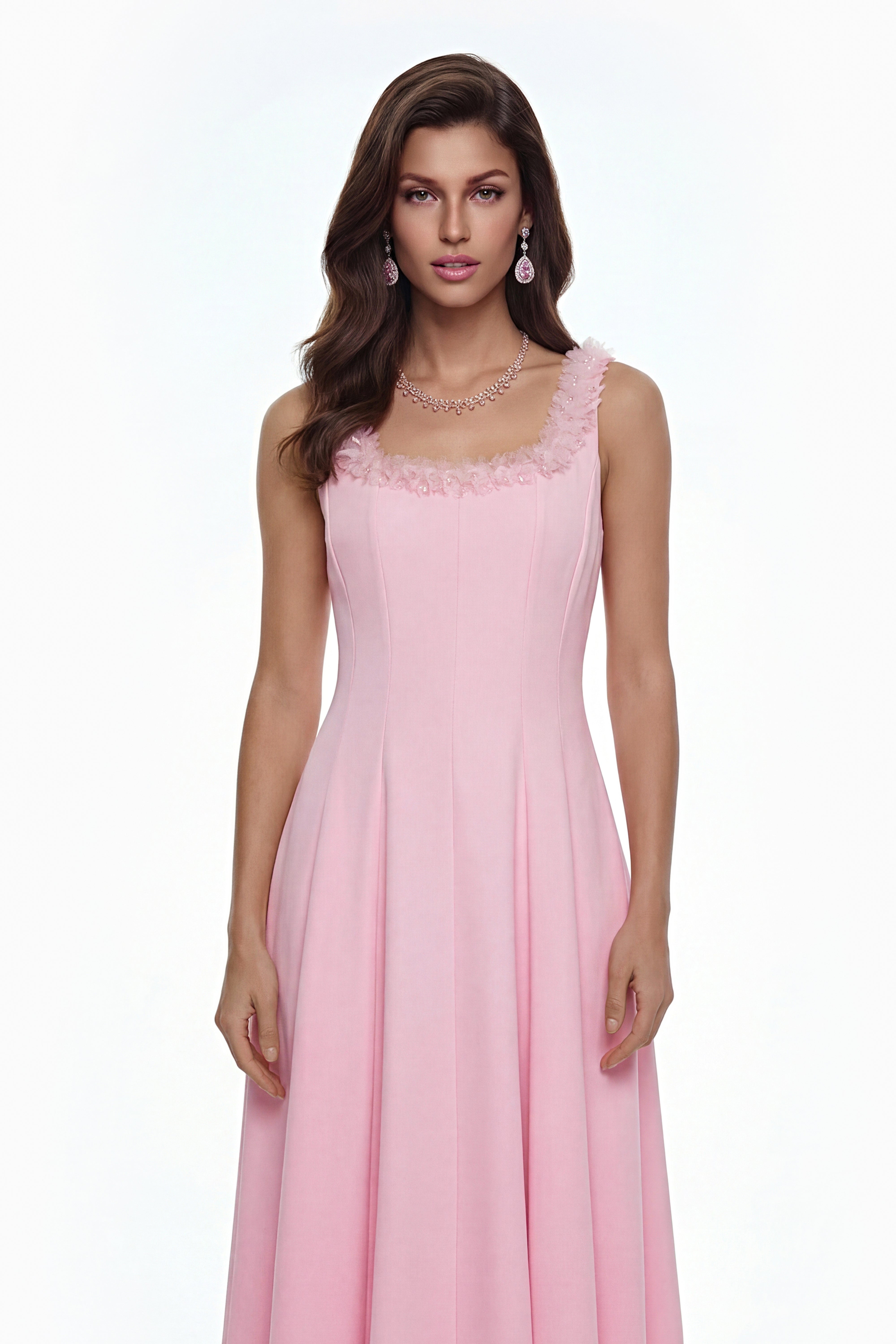 Zinnia Pink Pleated Midi Dress with 3D Petals