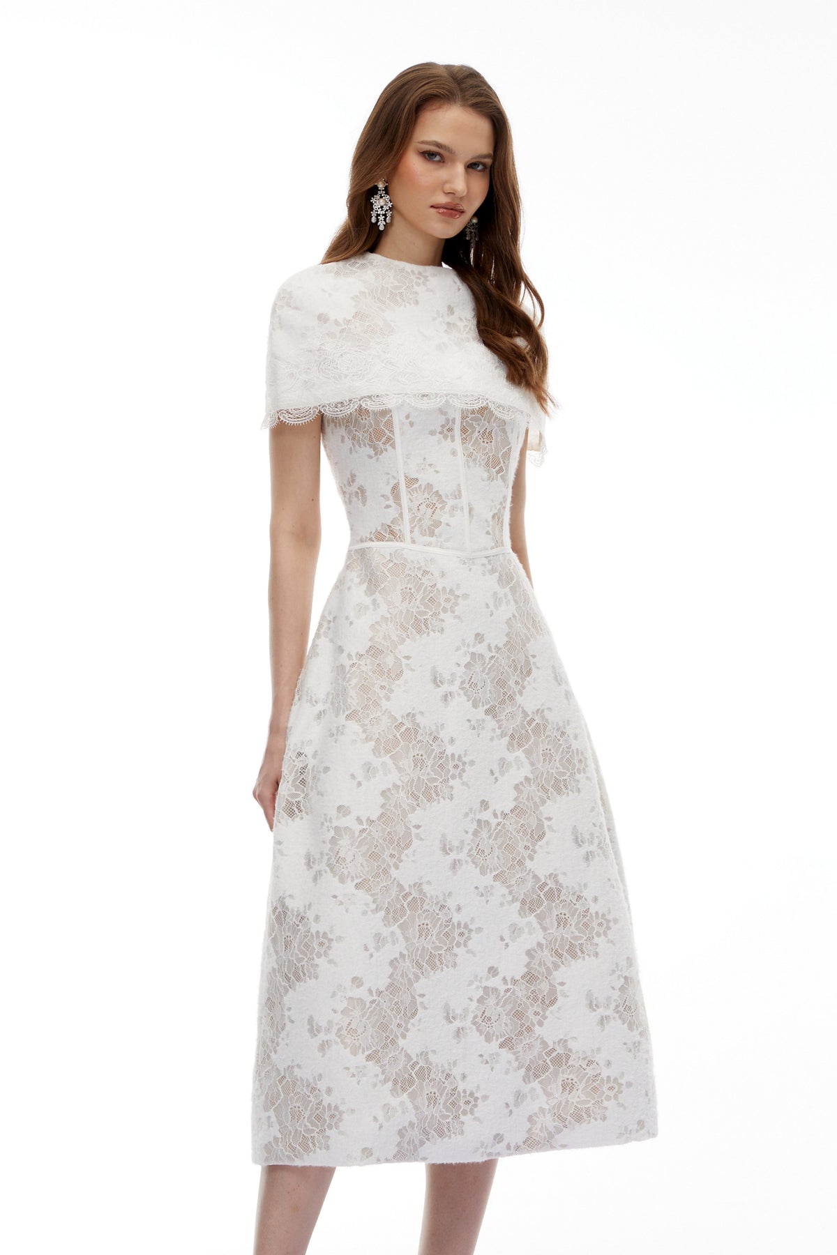 Zohar White Floral Lace Midi Dress with Cape