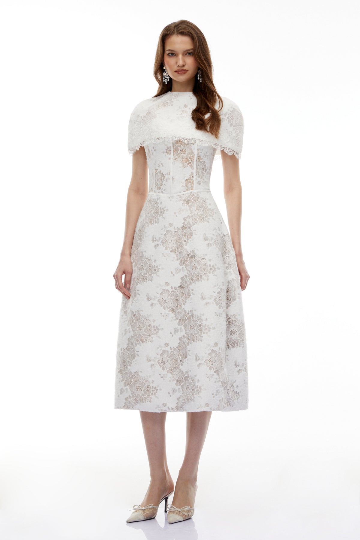 Zohar White Floral Lace Midi Dress with Cape