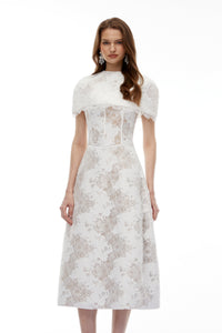 Zohar White Floral Lace Midi Dress with Cape