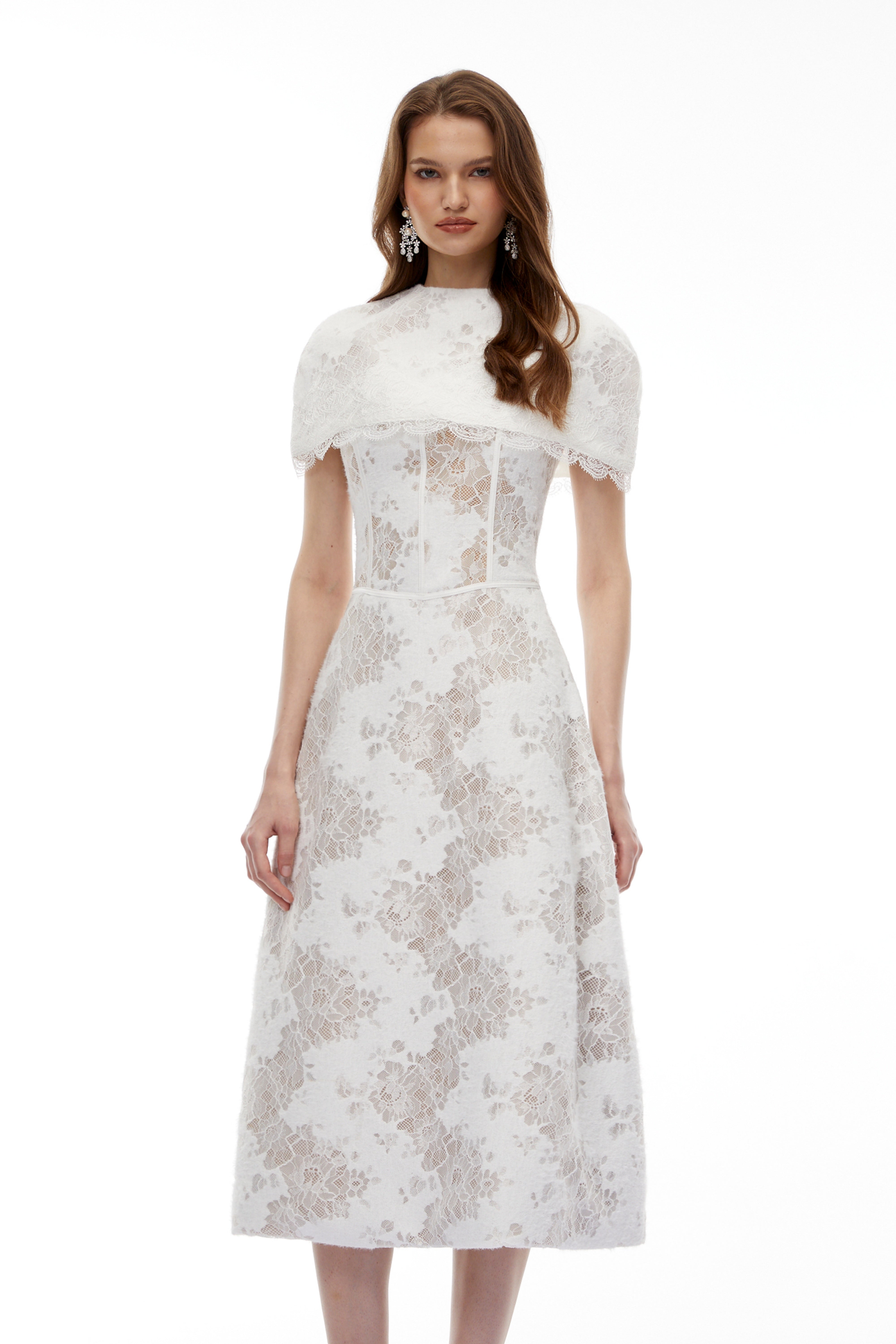 Zohar White Floral Lace Midi Dress with Cape