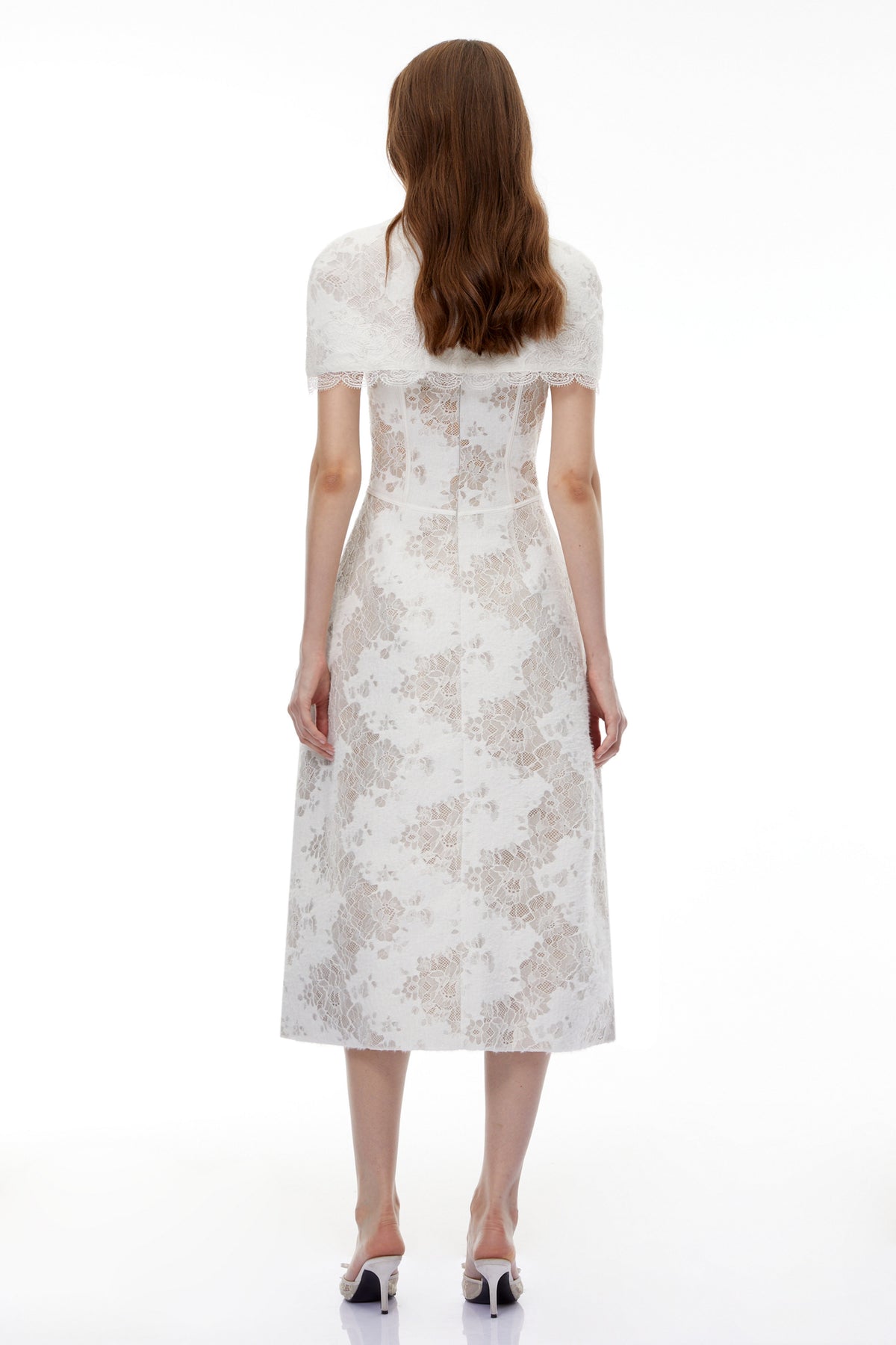 Zohar White Floral Lace Midi Dress with Cape