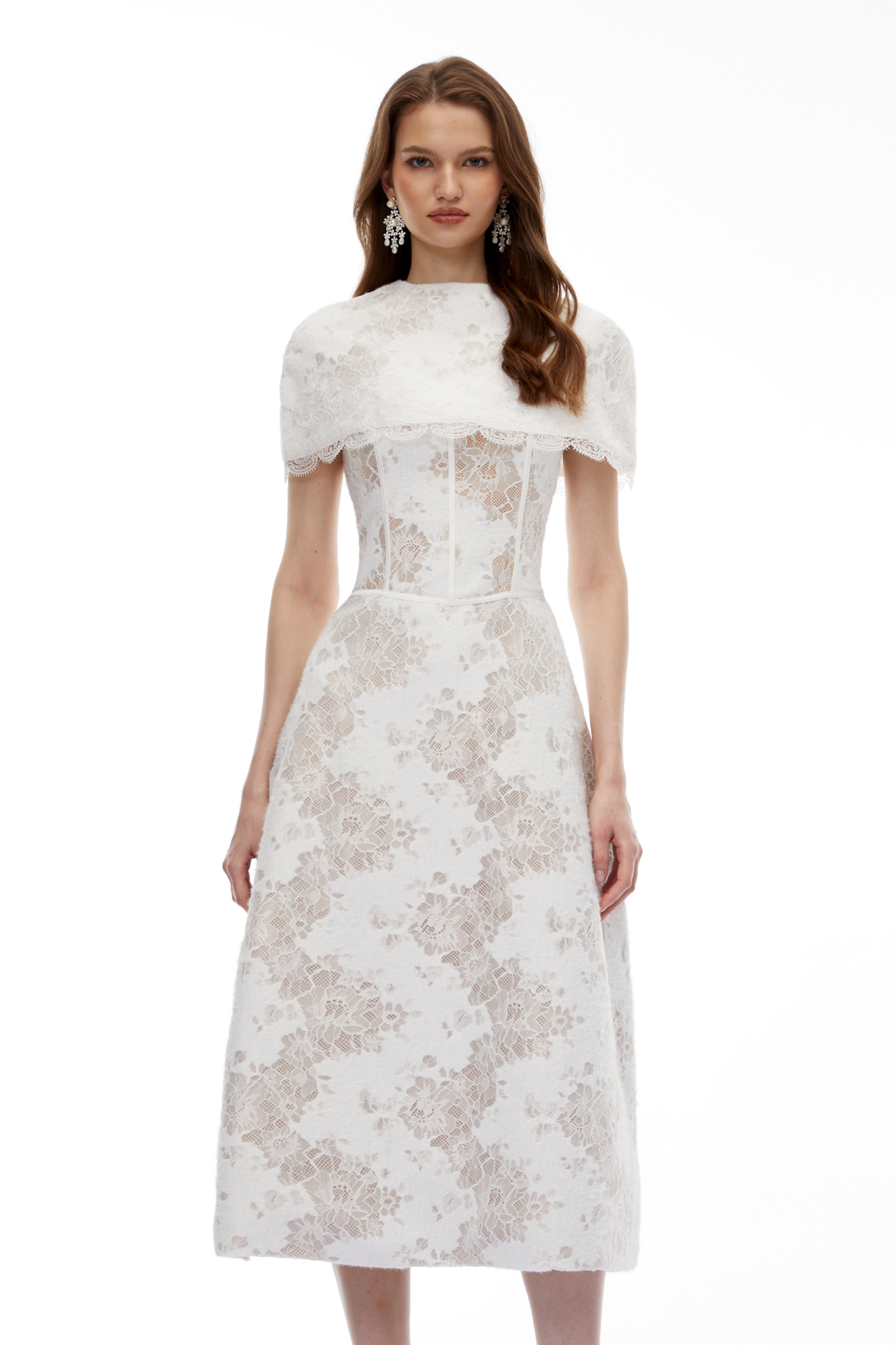Zohar White Floral Lace Midi Dress with Cape