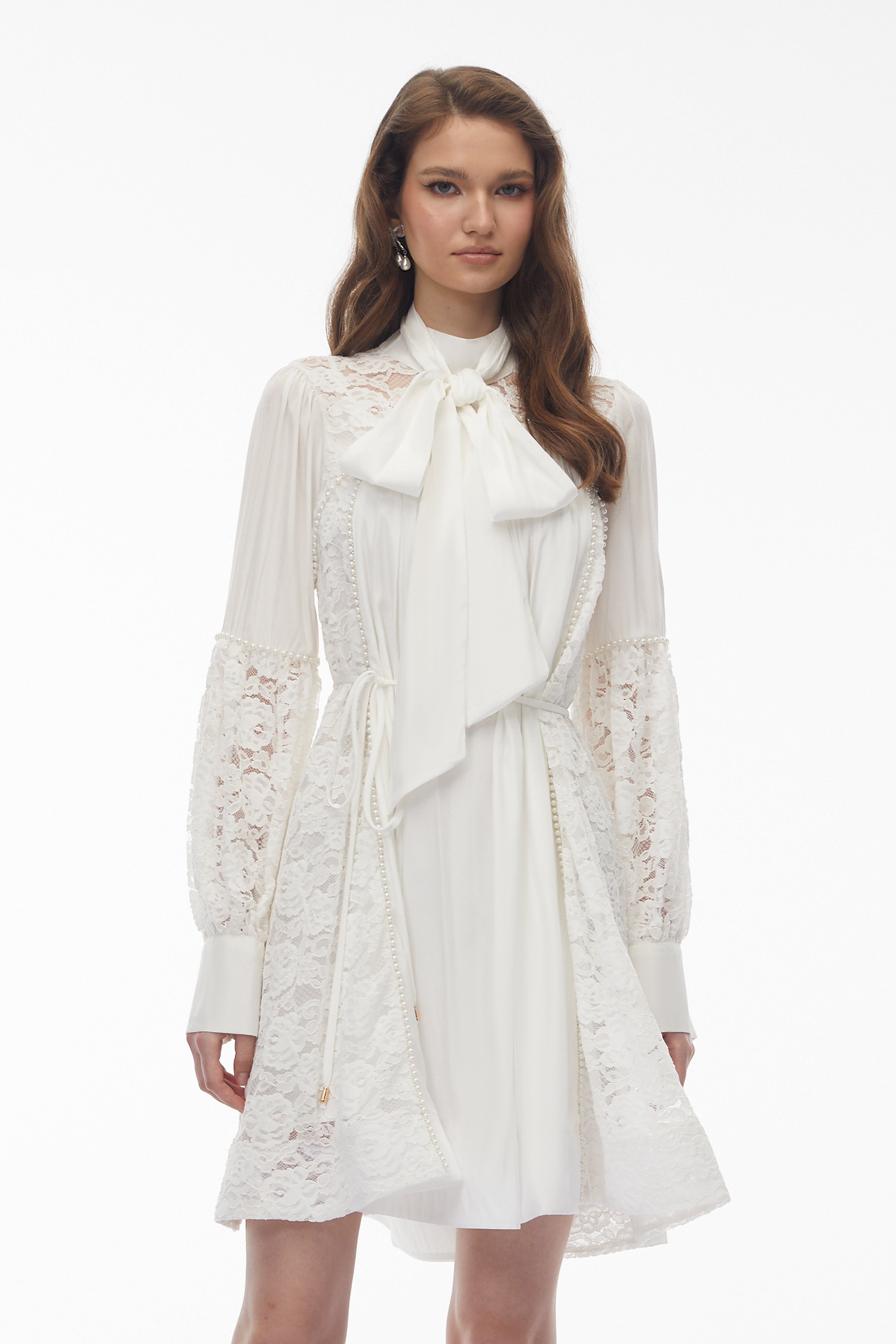 Zosime White Mini Dress with Floral Lace Panels