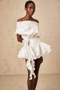 Amélie White Floral Appliqué Flounced Mini Dress
