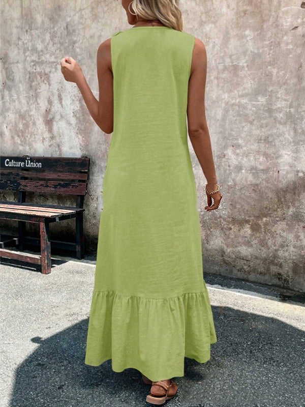 Ruffle Trim V-Neck A-Line Maxi Dress