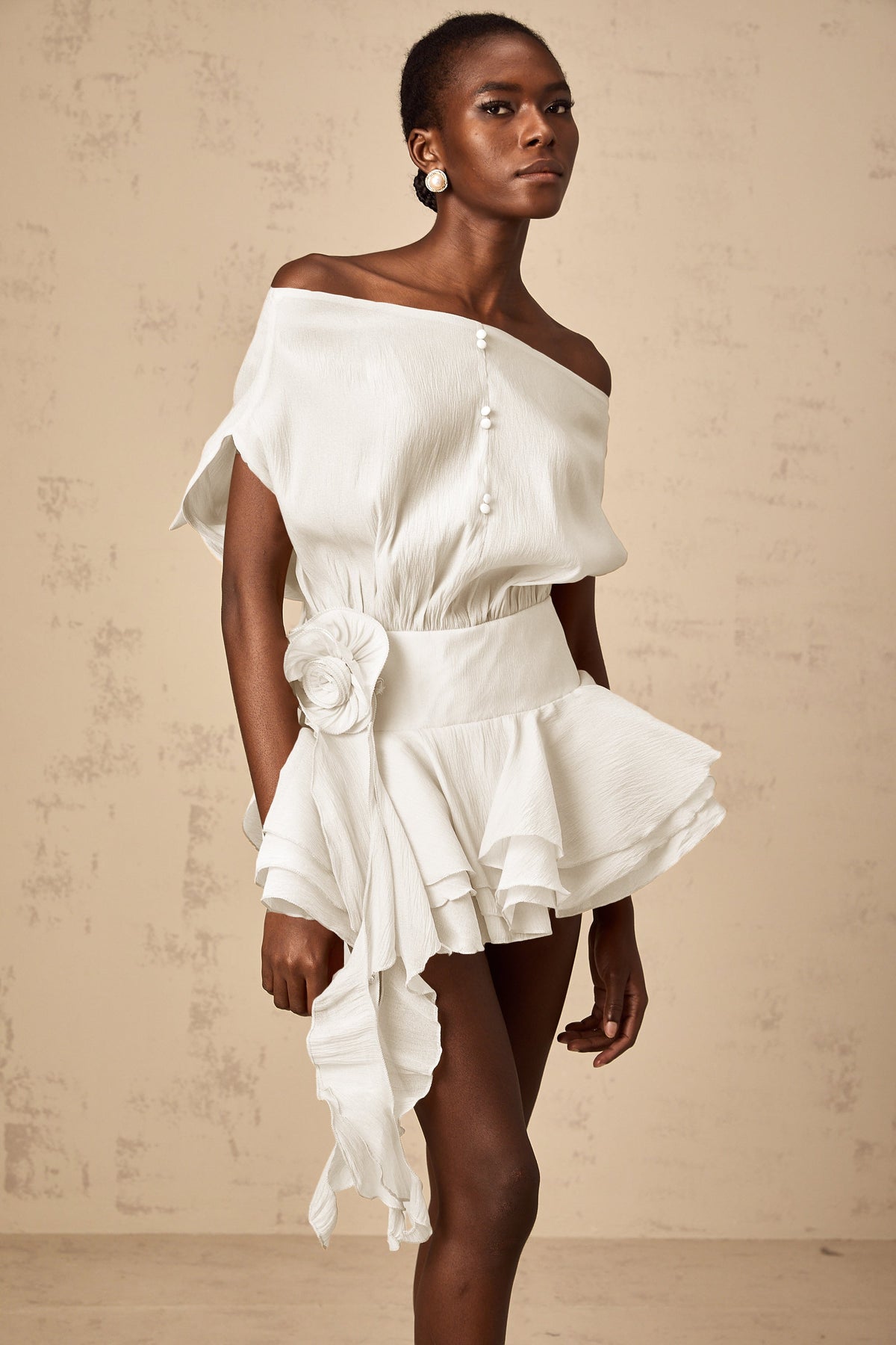 Amélie White Floral Appliqué Flounced Mini Dress