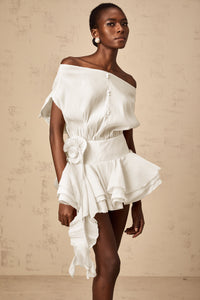 Amélie White Floral Appliqué Flounced Mini Dress