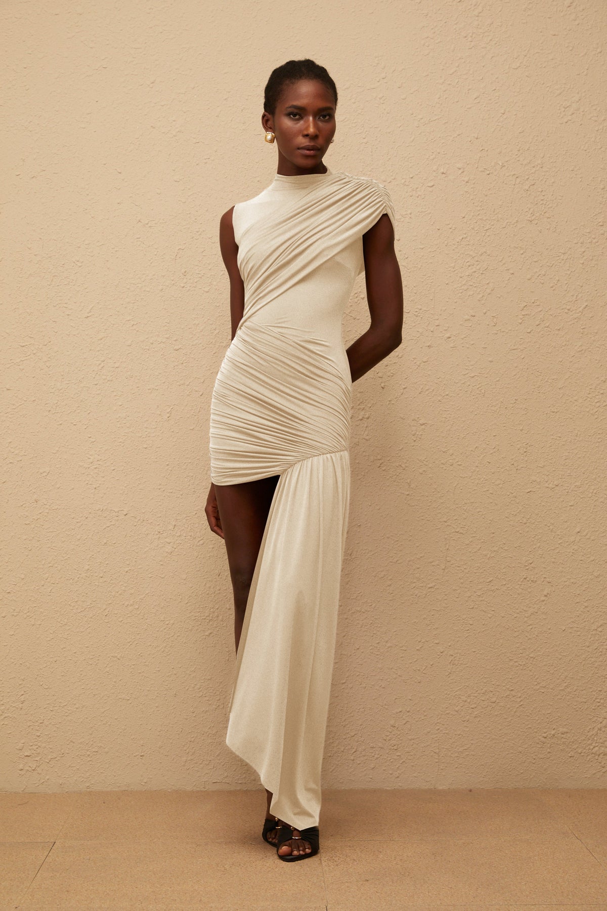 Fée Neutral Asymmetrical Ruched Mini Dress