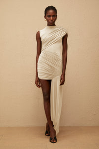 Fée Neutral Asymmetrical Ruched Mini Dress